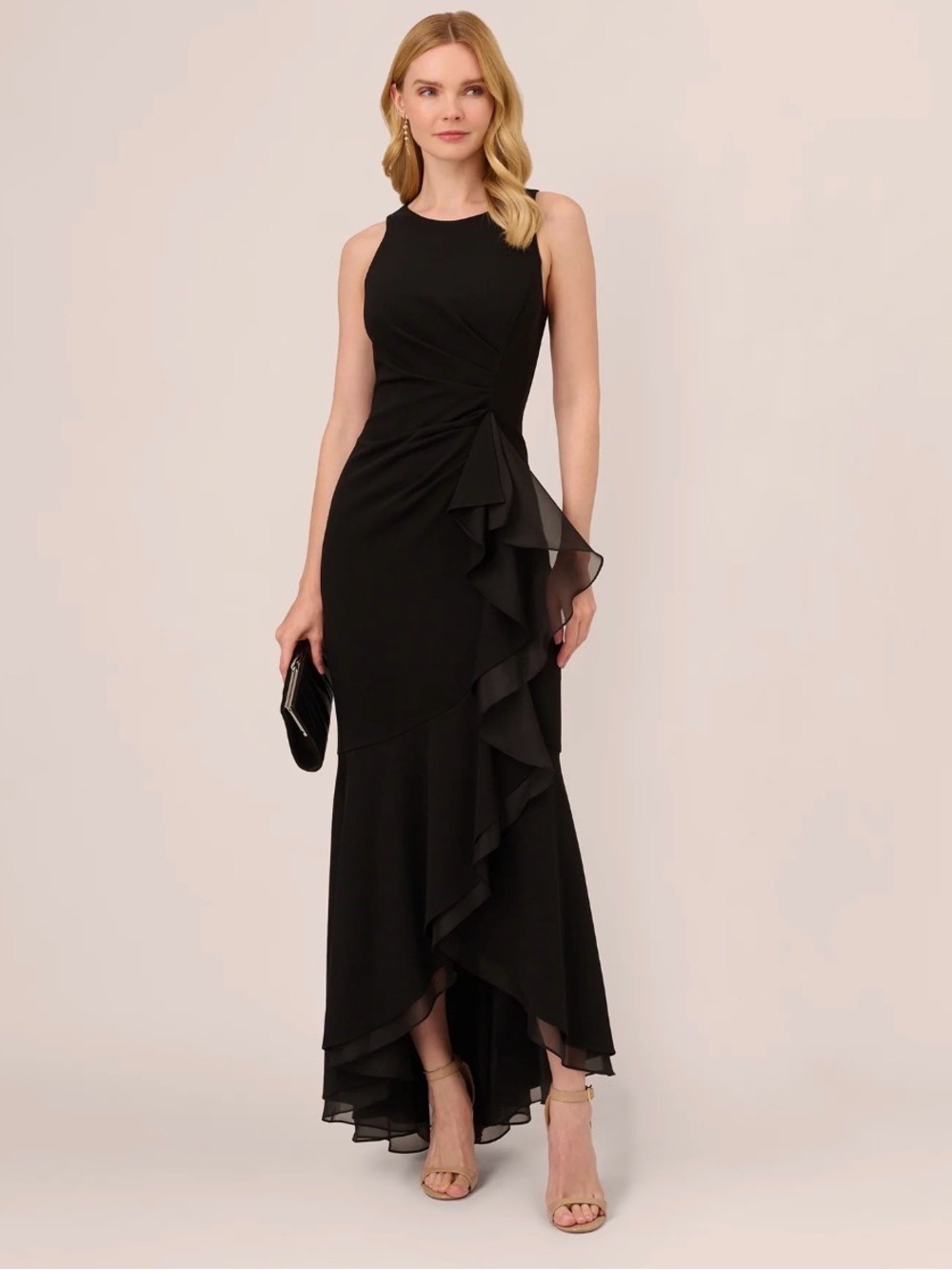 ADRIANNA PAPELL High Low Crepe Halter Gown With Organza Draping In Black
